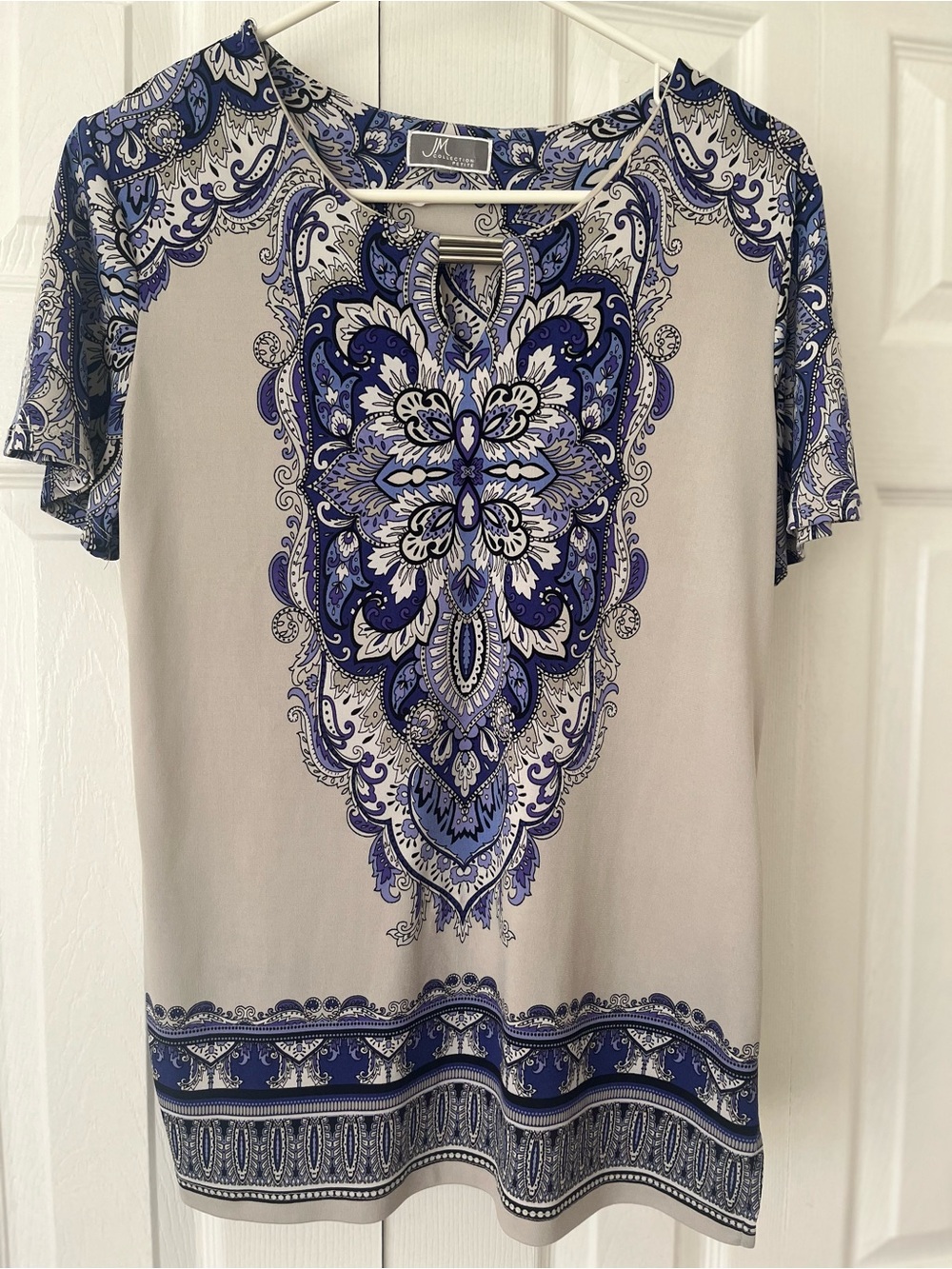 JM Collection Cream Top with Blue Paisley Medallion Print